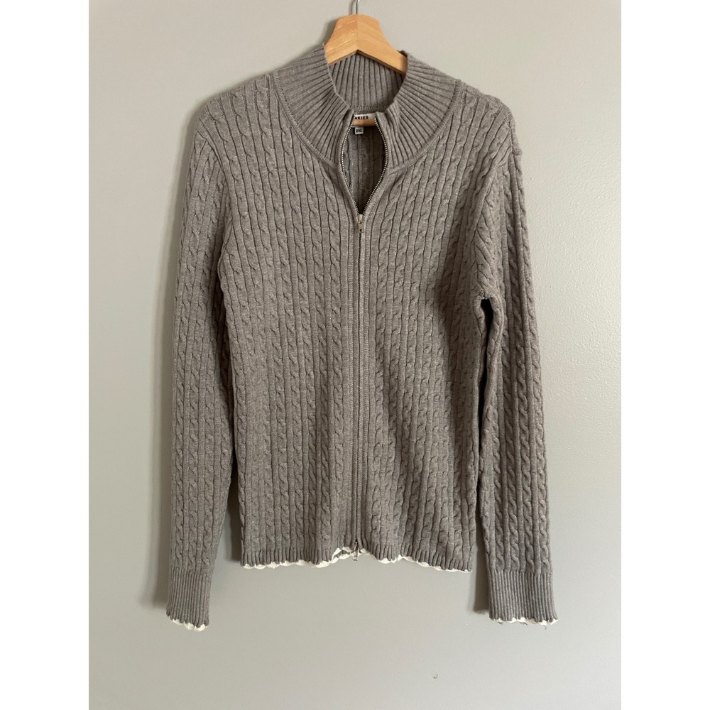 Frankies Bikinis Sweater Womens 2XL Grey Cable Knit Full Zip Scalloped Preppy